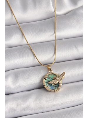 316L Çelik Gold Renk Zincir Zirkon Taşlı Yusufçuk Model Kadın Kolye