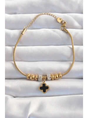 316L Çelik Gold Renk Zirkon Taş Aksesuarlı Siyah Mineli Yonca Bileklik