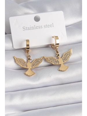 316L Çelik Gold Renk Zirkon Taşlı Anka Kuşu Model Kadın Küpe