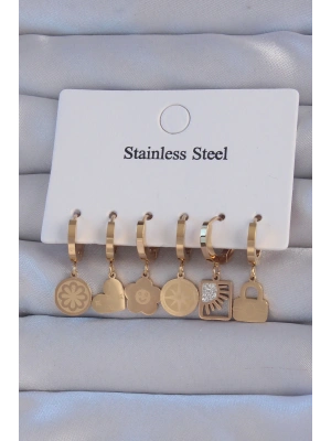 316L Çelik Gold Renk Zirkon Taşlı Çiçek Figürlü Kalp Model Halka Küpe Seti