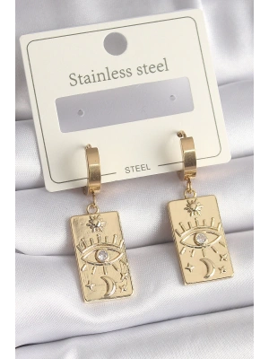 316L Çelik Gold Renk Zirkon Taşlı Göz İşleme Detay Plaka Model Kadın Küpe