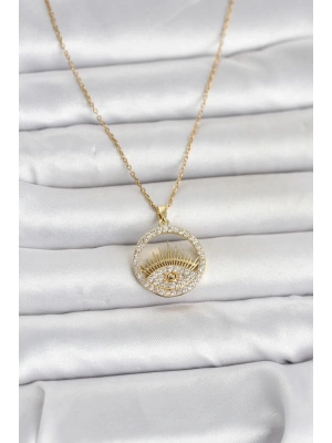 316L Çelik Gold Renk Zirkon Taşlı Göz Model Kadın Kolye