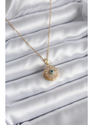 316L Çelik Gold Renk Zirkon Taşlı Göz Model Kadın Kolye