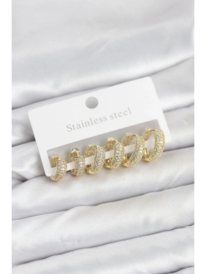 316L Çelik Gold Renk Zirkon Taşlı Halka Küpe Seti