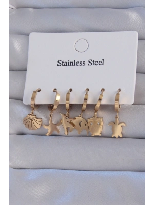 316L Çelik Gold Renk Zirkon Taşlı Hayvan Figürlü Deniz Yıldızı Model Halka Küpe Seti