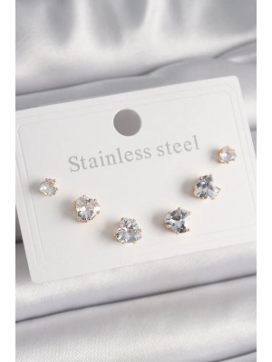 316L Çelik Gold Renk Zirkon Taşlı Kalp Model Kadın Küpe Seti