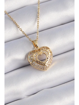316L Çelik Gold Renk Zirkon Taşlı Kalp Model Vintage Kadın Kolye