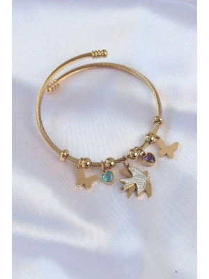 316L Çelik Gold Renk Zirkon Taşlı Minimal Kalp Detay Kelebek Charm Bileklik