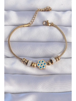 316L Çelik Gold Renk Zirkon Taşlı Nazarlı Çiçek Tasarımlı Bileklik