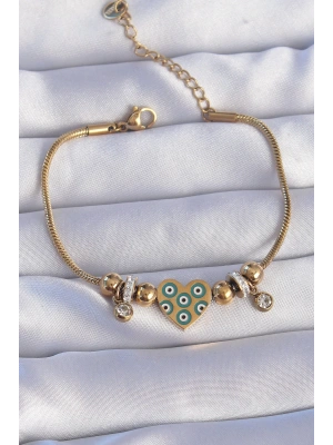 316L Çelik Gold Renk Zirkon Taşlı Nazarlı Kalp Tasarımlı Bileklik