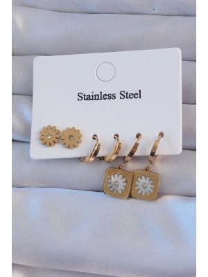 316L Çelik Gold Renk Zirkon Taşlı Sedefli Papatya Model Halka Küpe Seti