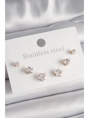 316L Çelik Gold Renk Zirkon Taşlı Yıldız Model Kadın Küpe Seti