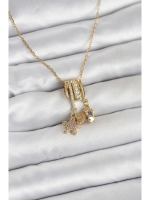 316L Çelik Gold Zirkon Taşlı Deniz Tema Charmlı Kadın Kolye