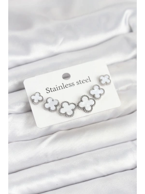 316L Çelik Gümüş Beyaz Renk 3 Boy Yonca Küpe Seti