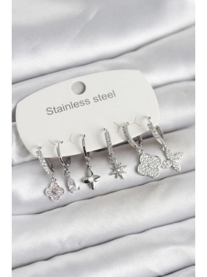 316L Çelik Gümüş Renk 6lı Set Yonca Model Kadın Küpe