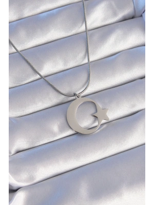 316L Çelik Gümüş Renk Ay Yıldız Model Unisex Kolye