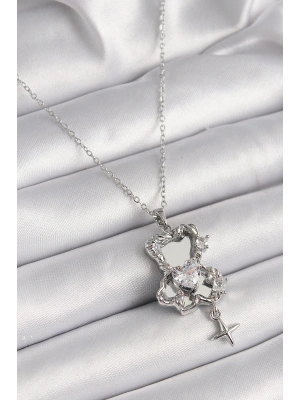 316L Çelik Gümüş Renk Ayna Ayıcık Model Zirkon Taşlı Kalp Detay Kadın Kolye