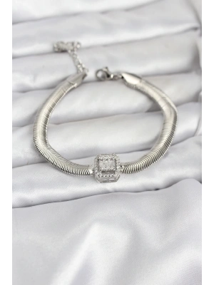 316L Çelik Gümüş Renk Baget Zirkon Taşlı Yılan Zincirli Kadın Bileklik