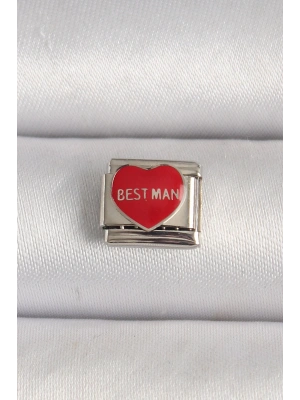 316L Çelik Gümüş Renk Best Man Yazılı Kırmızı Kalp İşlemeli Nomination Charm