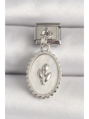 316L Çelik Gümüş Renk Beyaz Mineli Çiçek İşlemeli Nomination Charm