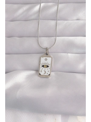 316L Çelik Gümüş Renk Beyaz Mineli Göz Figür Tarot Kolye