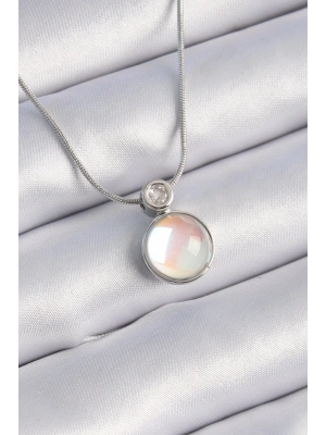 316L Çelik Gümüş Renk Beyaz Sedefli Vintage Model Kadın Kolye