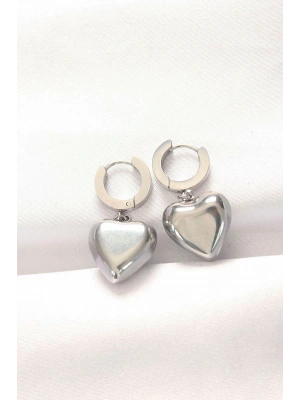 316L Çelik Gümüş Renk Bombeli Kalp Tasarımlı Küpe