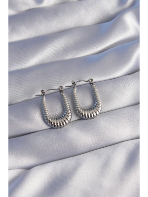 316L Çelik Gümüş Renk Dikdörtgen Tasarımlı Tırtıklı Küpe