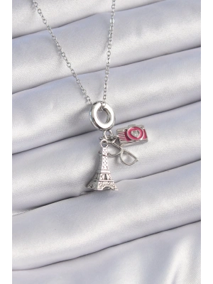 316L Çelik Gümüş Renk Eyfel Kule Fotoğraf Makinesi Model Charm Kadın Kolye