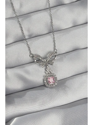 316L Çelik Gümüş Renk Fiyonk Detay Pembe Zirkon Taşlı Tektaş Kolye