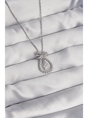 316L Çelik Gümüş Renk Fiyonk Detaylı Zirkon Taşlı Damla Model Kolye