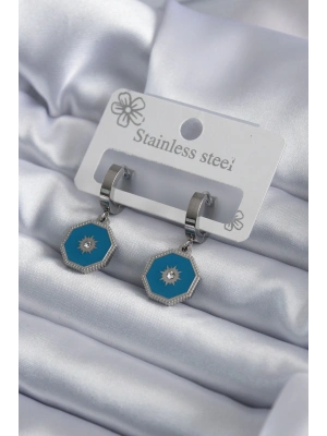 316L Çelik Gümüş Renk Geometrik Model Zirkon Taş Detay Kadın Küpe