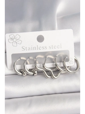 316L Çelik Gümüş Renk Halka Yıldız Model Kadın Küpe Seti