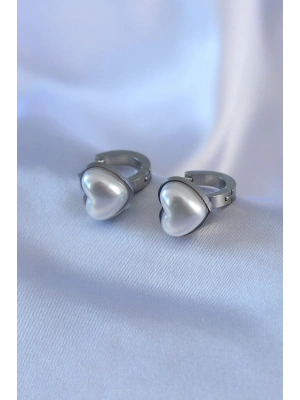 316L Çelik Gümüş Renk İncili Kalp Model Kadın Küpe