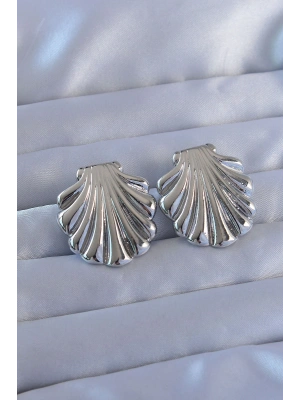 316L Çelik Gümüş Renk İstiridye Model Küpe