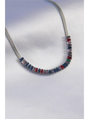 316L Çelik Gümüş Renk İtalyan Zincir Model Renkli Zirkon Taşlı Kadın Kolye