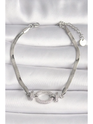 316L Çelik Gümüş Renk İtalyan Zincir Model Zirkon Taşlı Halka Figür Kadın Bileklik