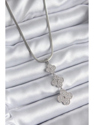 316L Çelik Gümüş Renk İtalyan Zincir Zirkon Taşı Yonca Model Kadın Kolye