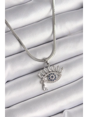 316L Çelik Gümüş Renk İtalyan Zincir Zirkon Taşlı Göz Model Kadın Kolye