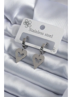 316L Çelik Gümüş Renk Kalp Model Kelebek İşleme Kadın Küpe