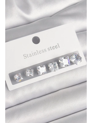 316L Çelik Gümüş Renk Kare Zirkon Taşlı Kadın Küpe Seti