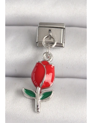 316L Çelik Gümüş Renk Kırmızı Gül Model Nomination Charm