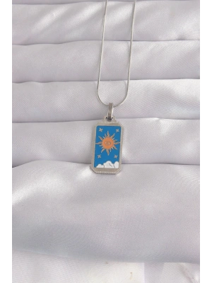 316L Çelik Gümüş Renk Mavi Mineli Güneş Model Tarot Kolye