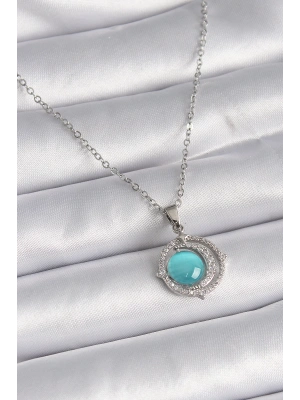 316L Çelik Gümüş Renk Mavi Sedefli Hilal Model Kadın Kolye