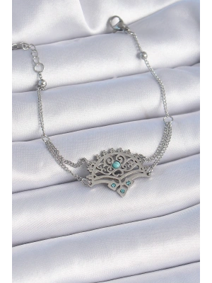 316L Çelik Gümüş Renk Mavi Taşlı Etnik Desen Kadın Bileklik