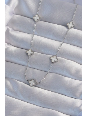 316L Çelik Gümüş Renk Minimal Beyaz Sedefli Yonca Kolye