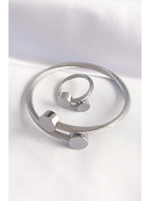 316L Çelik Gümüş Renk Oval Aksesuarlı Burgu Model Bileklik ve Yüzük Kombini