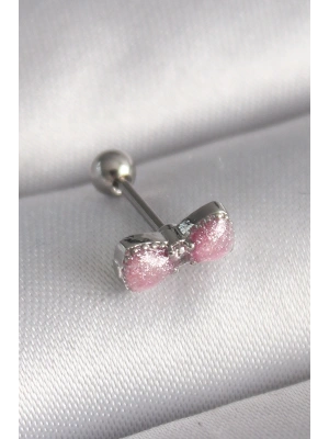 316L Çelik Gümüş Renk Pembe Kurdele Zirkon Taş Detay Tragus Piercing