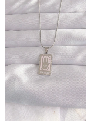 316L Çelik Gümüş Renk Pembe Mineli El Figür Tarot Kolye