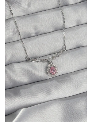 316L Çelik Gümüş Renk Pembe Zirkon Taşlı Damla Kolye